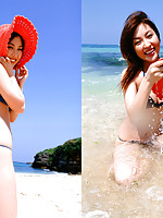 Natsuko Tatsumi Asian with nasty bum in bath suit plays on beach